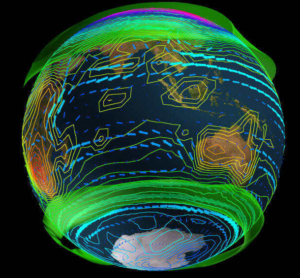 Planet Simulator in der Auflösung T21 (64 Meridiane x 32 Breitenkreise); E. Kirk (Uni Hamburg) und M. Böttinger (DKRZ) - Das Bild zeigt eine 3D-Visualisierung der atmosphärischen Zirkulation, wie sie vom Planet Simulator in der niedrigsten Auflösung berechnet wird. Die farbigen Isolinien stellen die Bodentemperatur dar, die Windpfeile die Richtung und Stärke des Windfeldes in 950 hPa und die grün schattierten Bereiche kennzeichnen die Region des so genannten Jetstreams, einem schmalen Starkwindband im Bereich der oberen Troposphäre bis zur Stratosphäre.