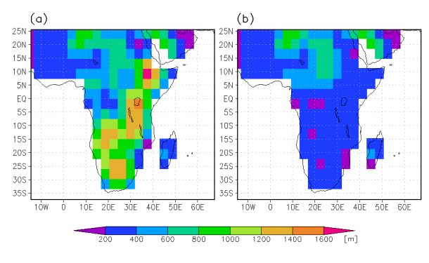 Abb1: Orographie des Globalmodells für (a) heutige Verhältnisse und (b) zu Beginn der Entwicklung des Ostafrikanischen Grabensystems.