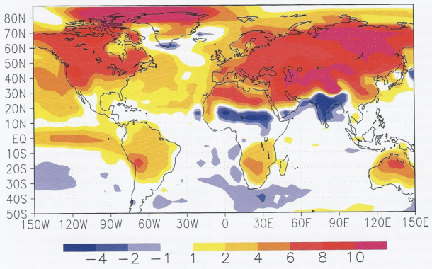 Abb.4: Temperaturänderung während der Eem-Warmzeit (vor 125.000 Jahren) im Vergleich zu vorindustriellen Bedingungen.