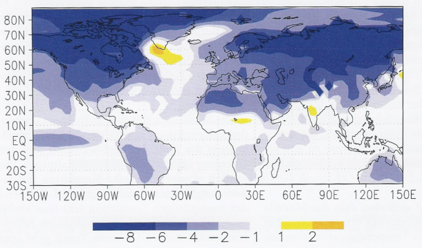 Abb.5: Temperaturänderung am Ende der Eem-Warmzeit (vor 115.000 Jahren) im Vergleich zu vorindustriellen Bedingungen.