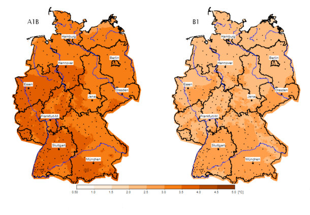 Abb. 5: Temperaturänderung in Deutschland von 1971-2000 zu 2071-2100, bestimmt mit der WETTREG-Regionalisierung, angetrieben mit dem Klimamodell ECHAM5/MPI-OM, Szenario A1B (links) und B1 (rechts)