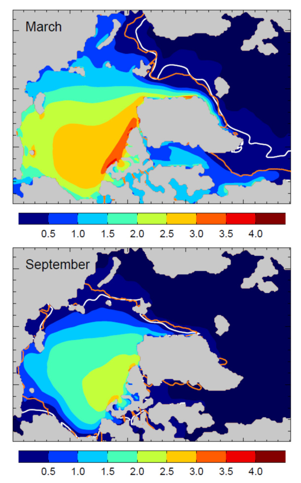 Abbildung 4: Simulierte mittlere arktische Meereisausdehnung (weiße Linien) und Meereisdicke (farbige Kontouren; Einheit: Meter) für März (Monat mit maximaler Eisbedeckung) und September (Monat mit minimaler Eisbedeckung). Die Modellergebnisse sind Ensemblemittel von 7 Simulationen. Die orange Linien zeigen die mittlere Meereisausdehnung basierend auf den NCEP/NCAR-Reanalysedaten. Die Grafik basiert auf Daten der Zeitperiode 1948-2008 (Dorn et al., 2012).
