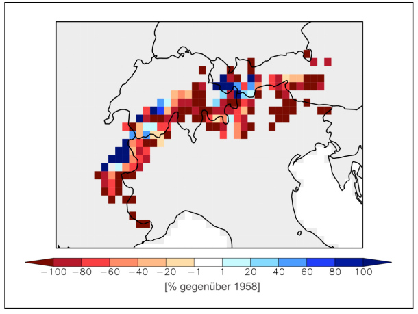 Abb. 5 Simulierte Veränderung der Gletscherfläche im Zeitraum 1958-2003 [%]. Die Abbildung zeigt nicht das gesamte Modellgebiet, sondern lediglich den vergletscherten Alpenbogen (vgl. Abbildung 4.2.4). 