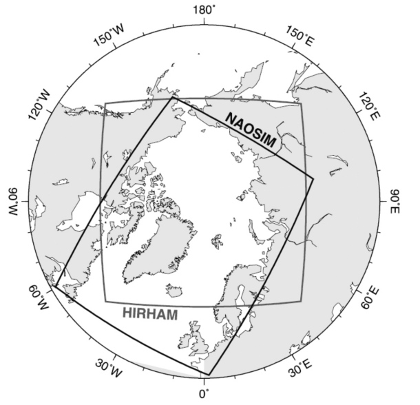 Abbildung 1: Integrationsgebiete des atmosphärischen Regionalmodells HIRHAM und des angekoppelten regionalen Ozean-Meereismodells NAOSIM.