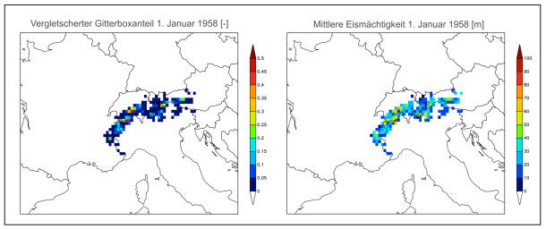 Abb. 4 Regionales Modellgebiet und aus dem World Glacier Inventory abgeleiteter vergletscherter Gitterboxanteil (links) sowie mittlere Eismächtigkeit (rechts) zum Startzeitpunkt 1. Januar 1958.